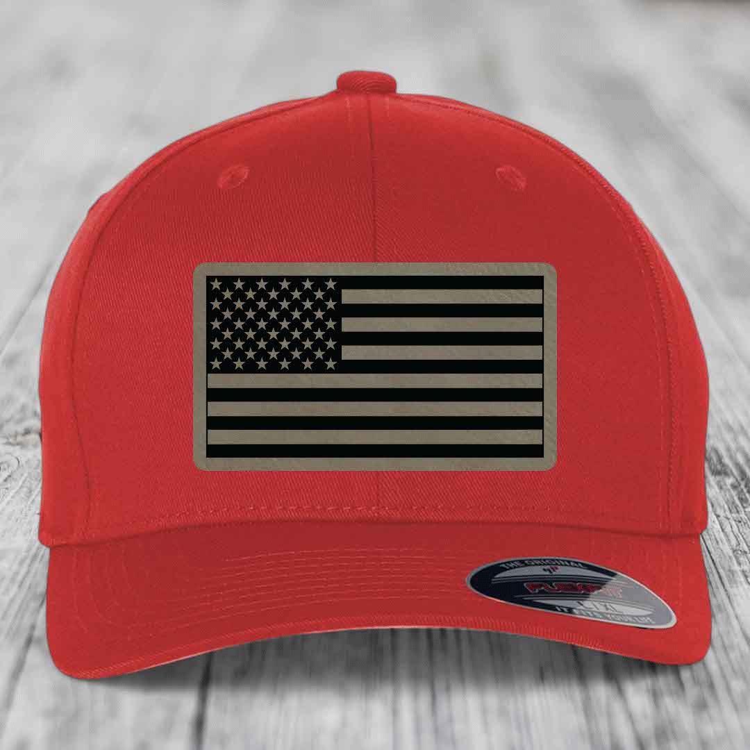 American Flag - Leather Patch Hat - Light Brown to Black Patch - Flexfit 6277 Fitted Hat
