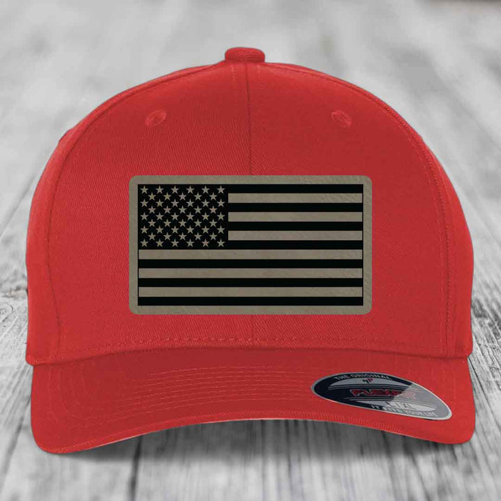 American Flag - Leather Patch Hat - Light Brown to Black Patch - Flexfit 6277 Fitted Hat