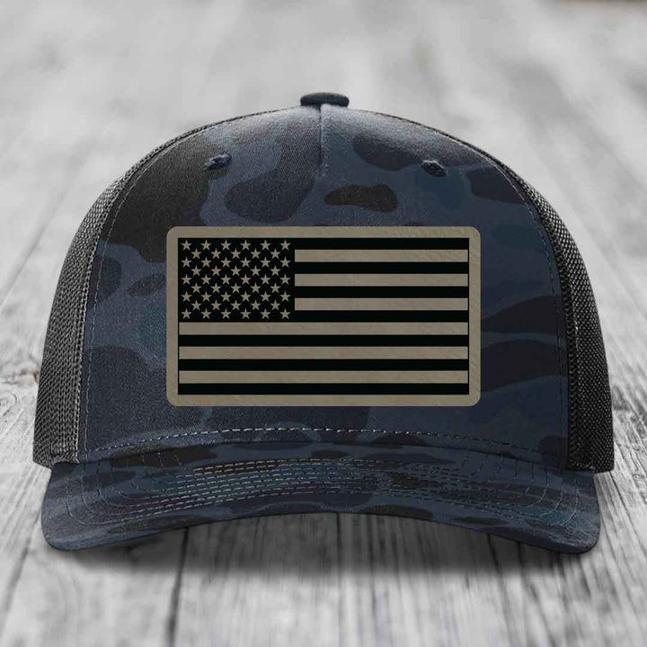 American Flag - Leather Patch Hat - Light Brown to Black Patch - Richardson 112PFP Snapback Trucker Hat