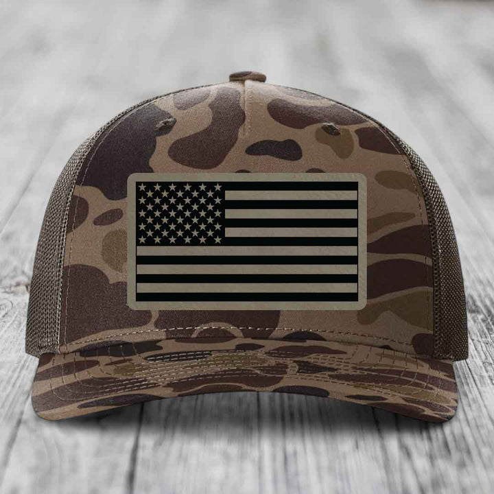 American Flag - Leather Patch Hat - Light Brown to Black Patch - Richardson 112PFP Snapback Trucker Hat