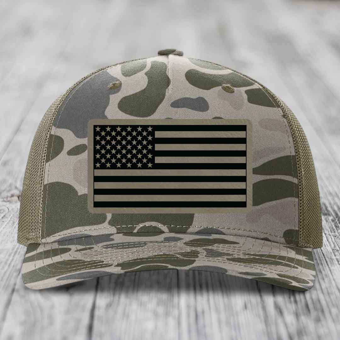 American Flag - Leather Patch Hat - Light Brown to Black Patch - Richardson 112PFP Snapback Trucker Hat