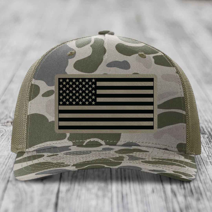 American Flag - Leather Patch Hat - Light Brown to Black Patch - Richardson 112PFP Snapback Trucker Hat