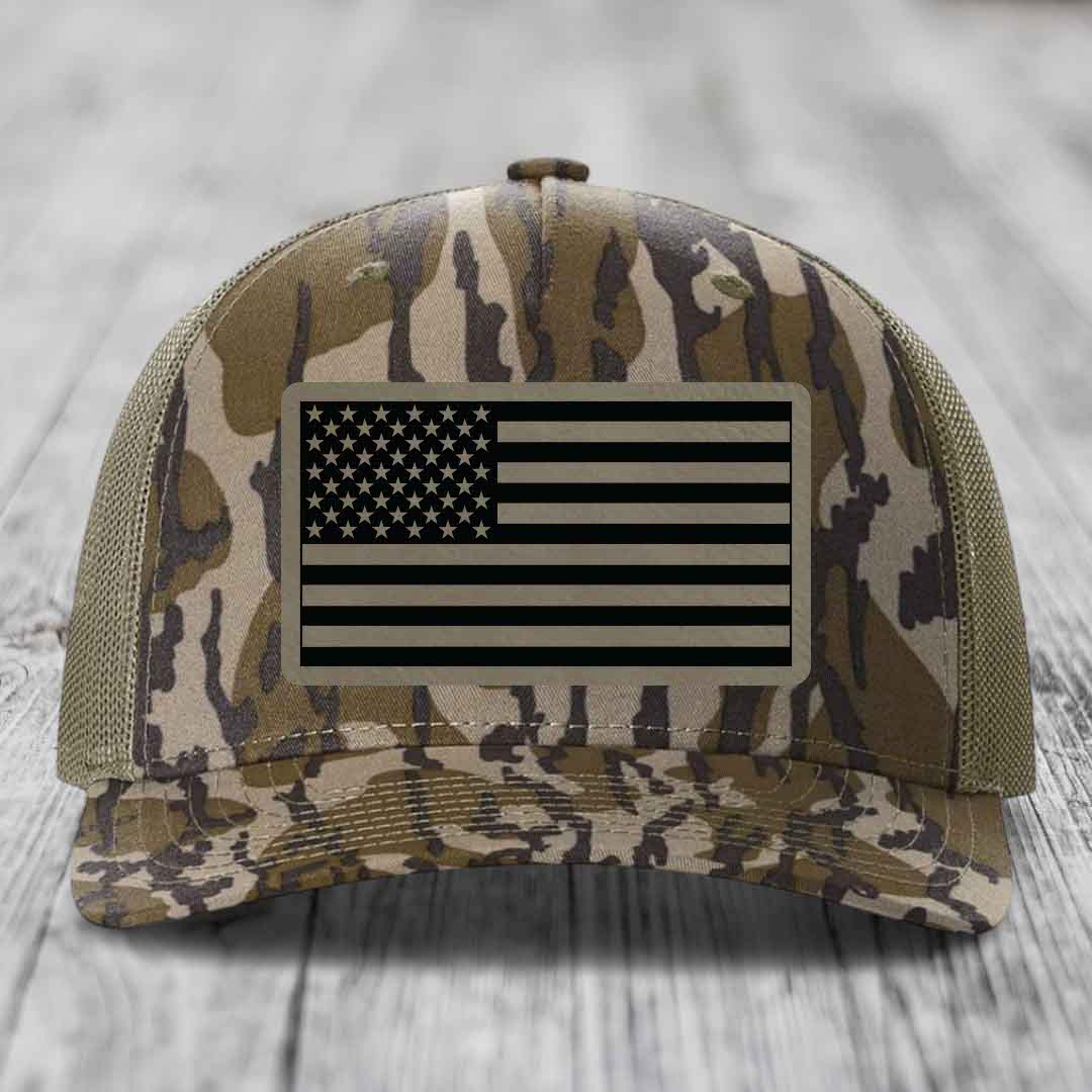 American Flag - Leather Patch Hat - Light Brown to Black Patch - Richardson 112PFP Snapback Trucker Hat