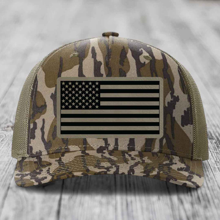 American Flag - Leather Patch Hat - Light Brown to Black Patch - Richardson 112PFP Snapback Trucker Hat