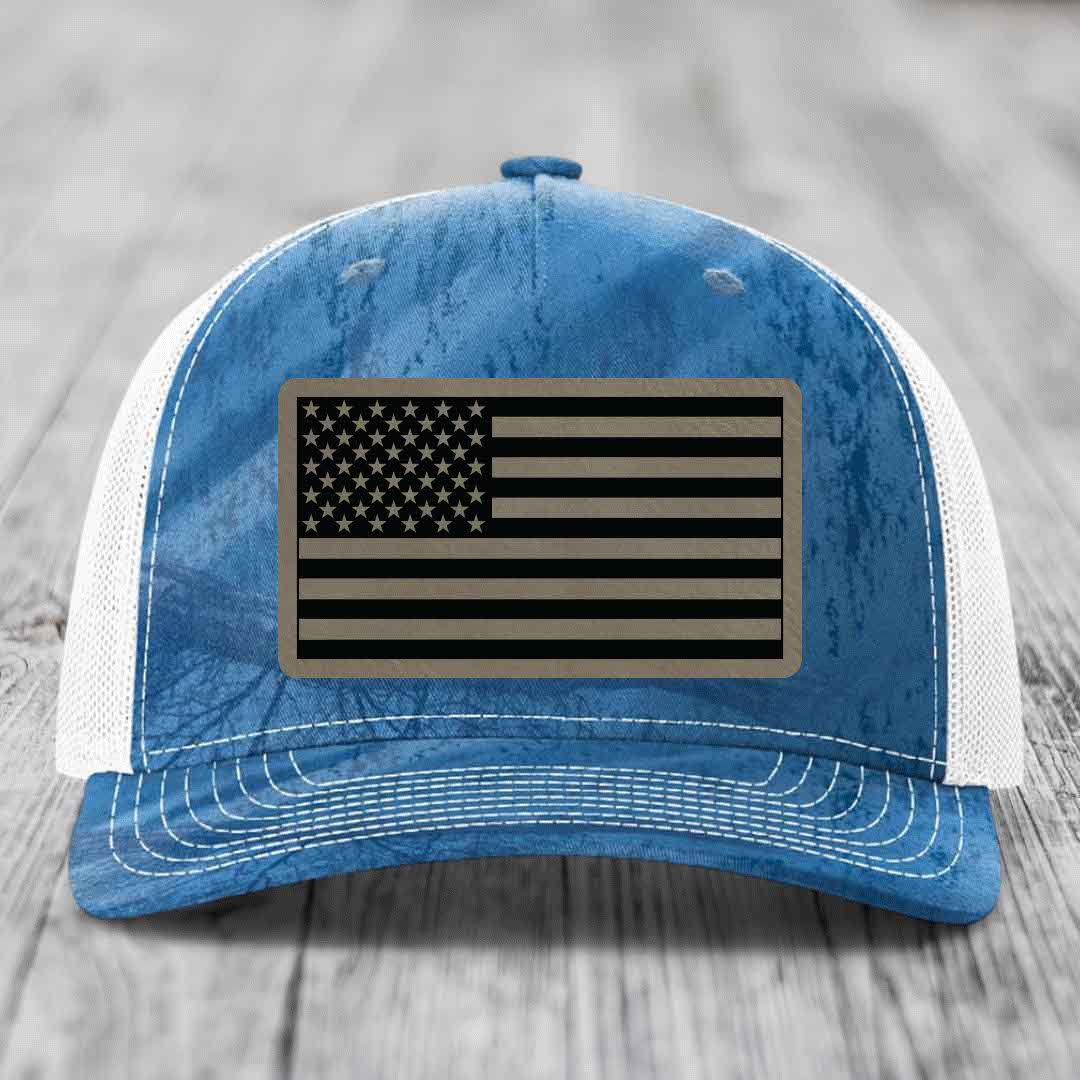 American Flag - Leather Patch Hat - Light Brown to Black Patch - Richardson 112PFP Snapback Trucker Hat