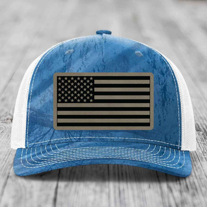 American Flag - Leather Patch Hat - Light Brown to Black Patch - Richardson 112PFP Snapback Trucker Hat