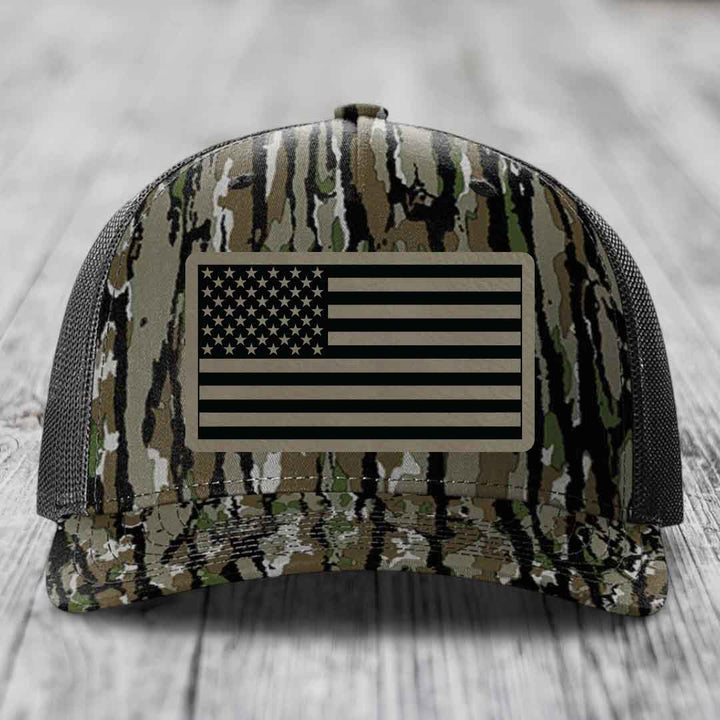 American Flag - Leather Patch Hat - Light Brown to Black Patch - Richardson 112PFP Snapback Trucker Hat