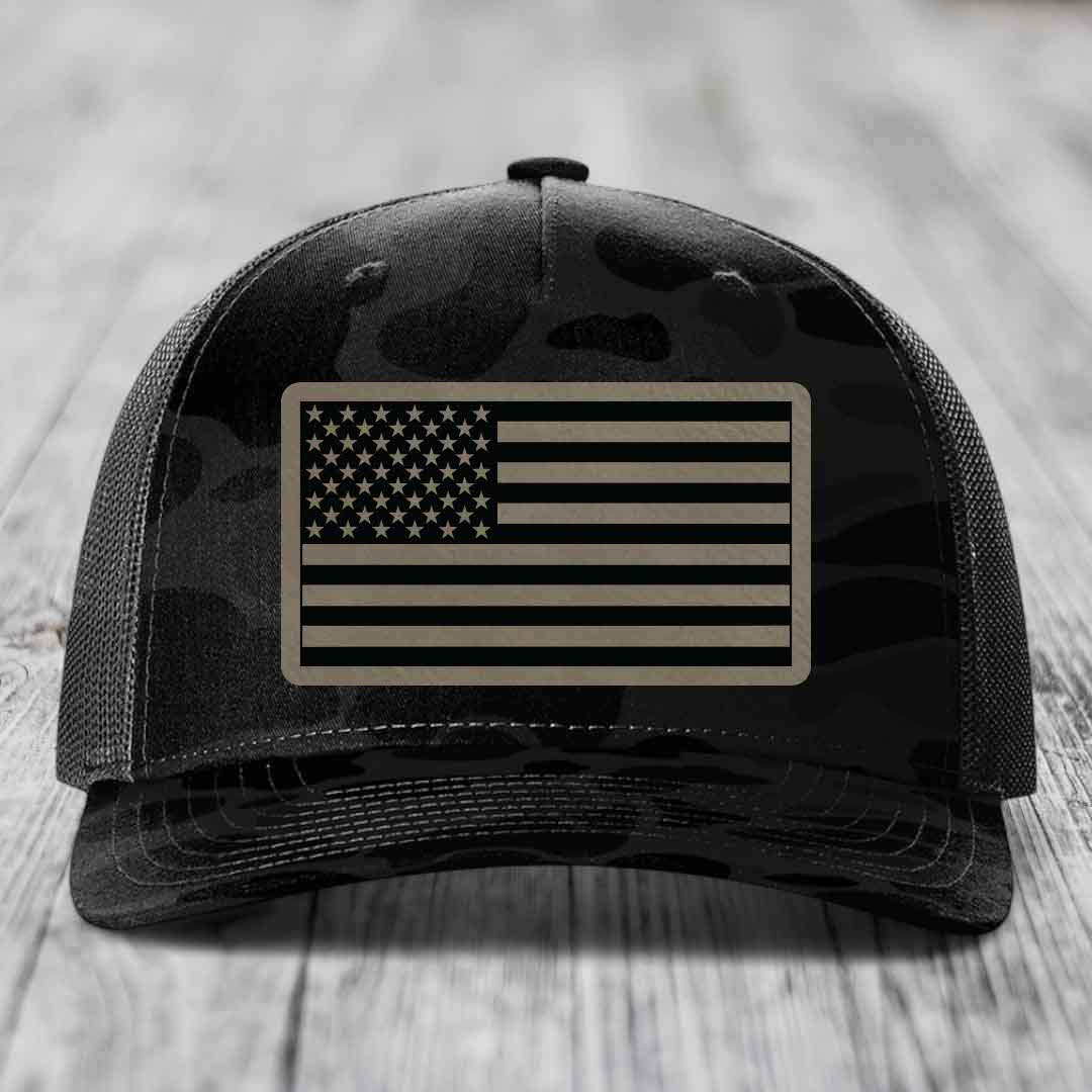 American Flag - Leather Patch Hat - Light Brown to Black Patch - Richardson 112PFP Snapback Trucker Hat