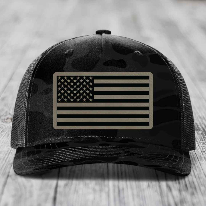 American Flag - Leather Patch Hat - Light Brown to Black Patch - Richardson 112PFP Snapback Trucker Hat