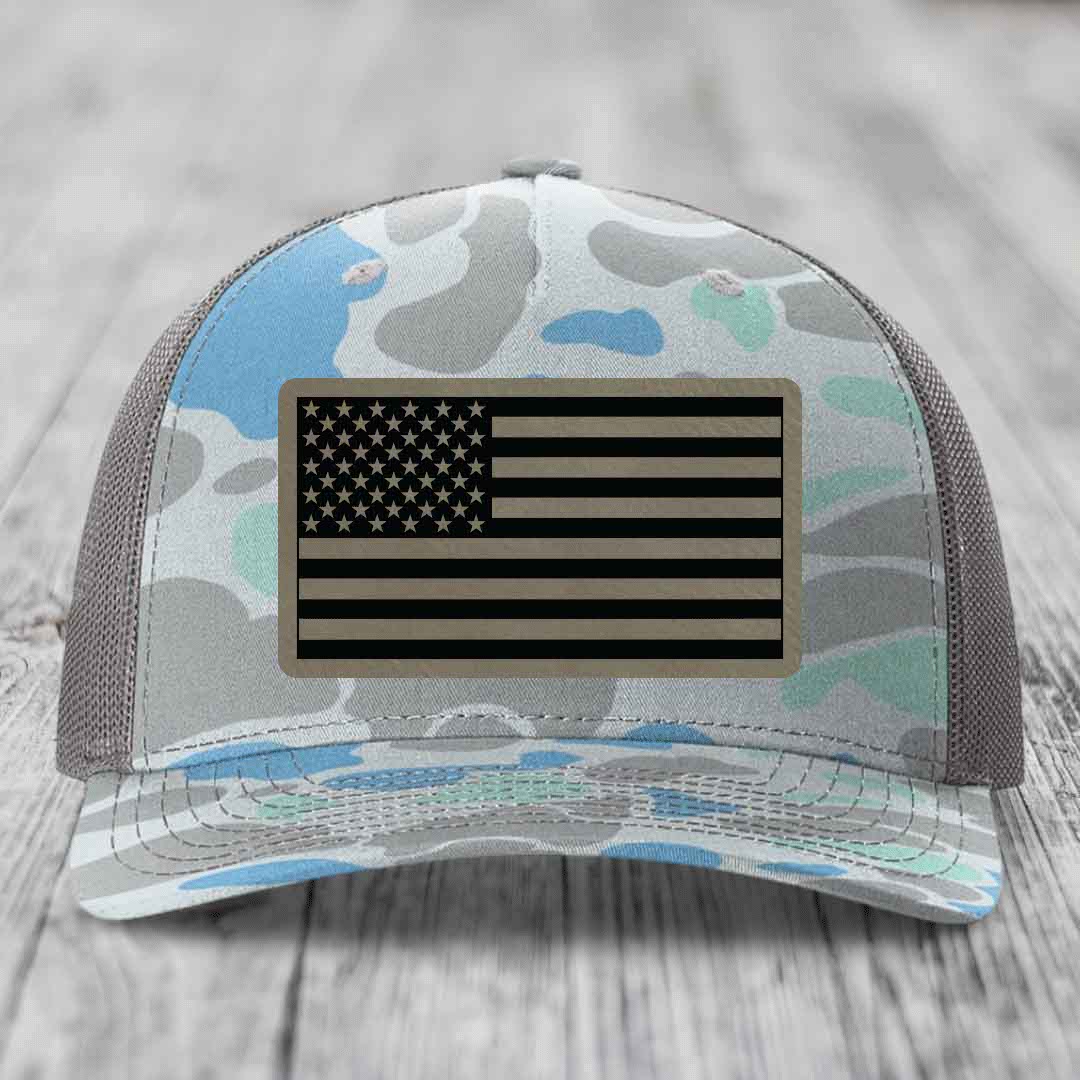 American Flag - Leather Patch Hat - Light Brown to Black Patch - Richardson 112PFP Snapback Trucker Hat