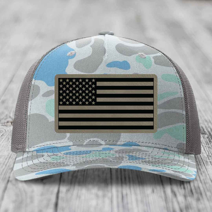 American Flag - Leather Patch Hat - Light Brown to Black Patch - Richardson 112PFP Snapback Trucker Hat
