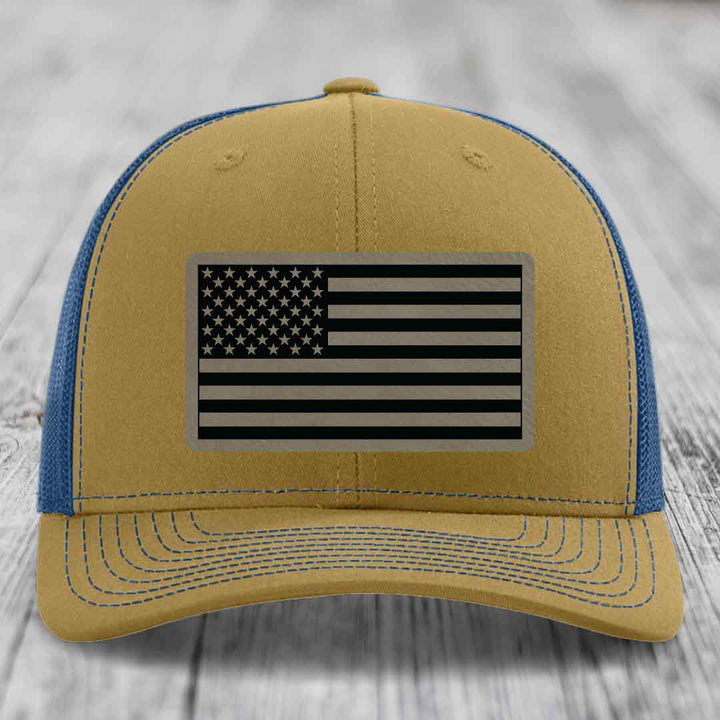 American Flag - Leather Patch Hat - Light Brown to Black Patch - Richardson 112 Snapback Trucker Hat
