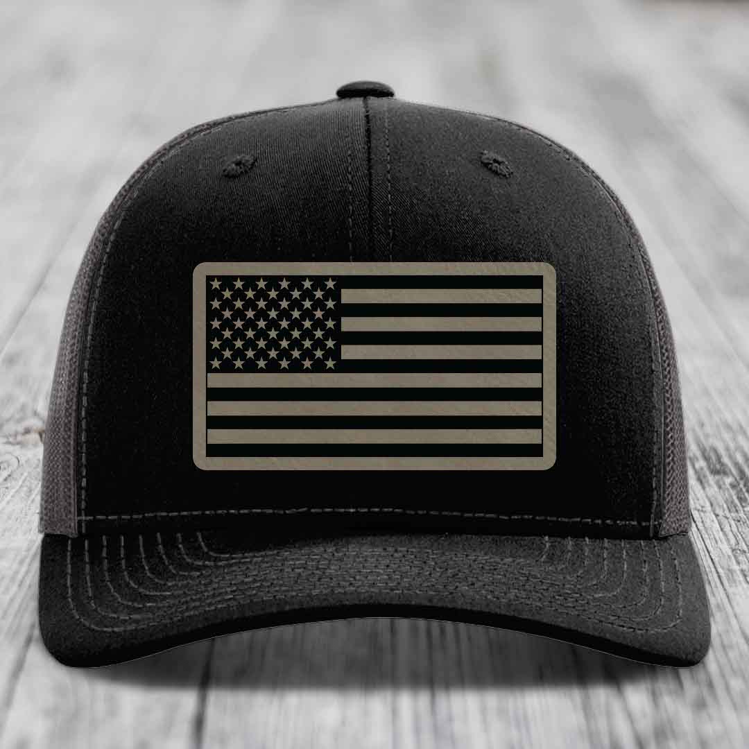 American Flag - Leather Patch Hat - Light Brown to Black Patch - Richardson 112 Snapback Trucker Hat