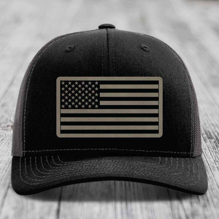 American Flag - Leather Patch Hat - Light Brown to Black Patch - Richardson 112 Snapback Trucker Hat