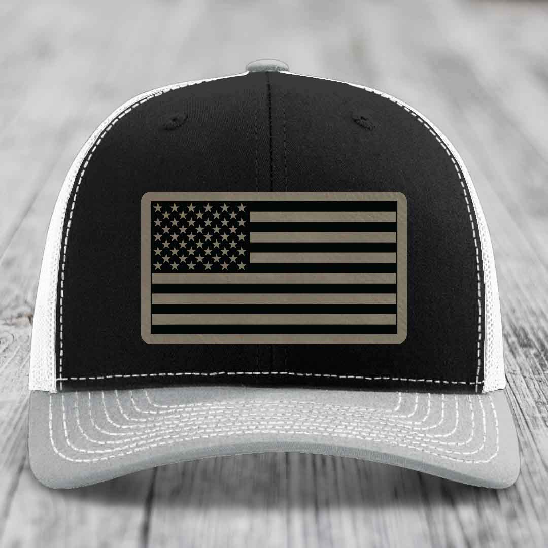 American Flag - Leather Patch Hat - Light Brown to Black Patch - Richardson 112 Snapback Trucker Hat