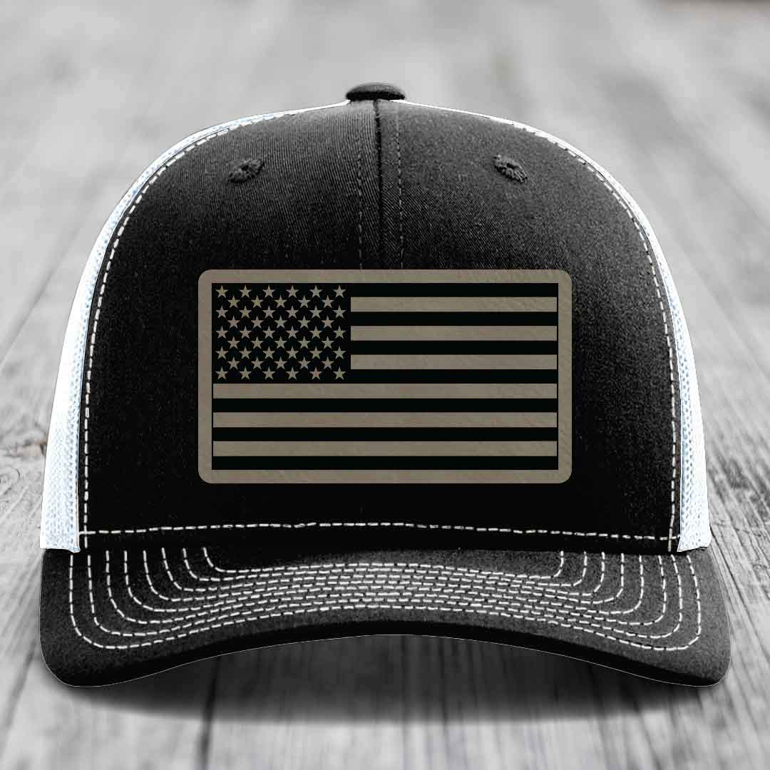 American Flag - Leather Patch Hat - Light Brown to Black Patch - Richardson 112 Snapback Trucker Hat