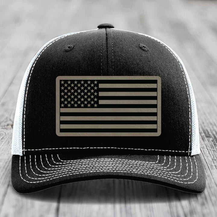American Flag - Leather Patch Hat - Light Brown to Black Patch - Richardson 112 Snapback Trucker Hat