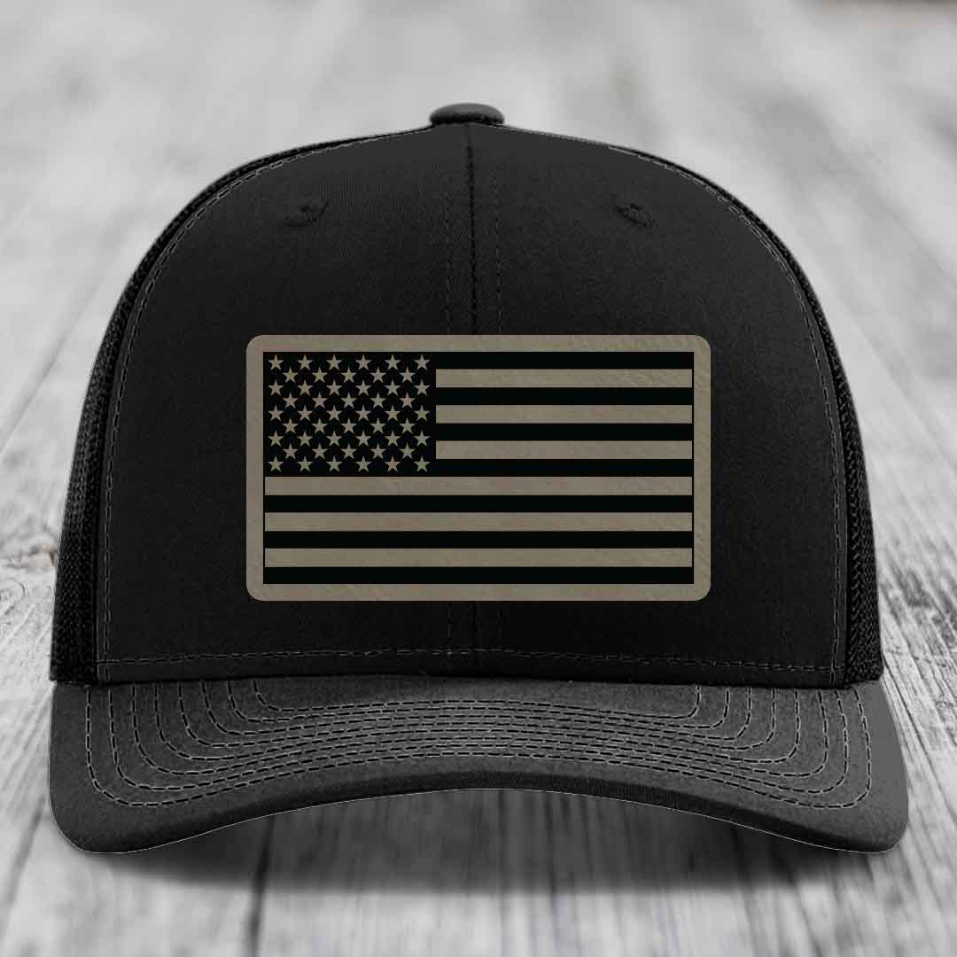 American Flag - Leather Patch Hat - Light Brown to Black Patch - Richardson 112 Snapback Trucker Hat