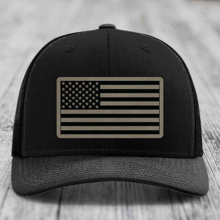 American Flag - Leather Patch Hat - Light Brown to Black Patch - Richardson 112 Snapback Trucker Hat