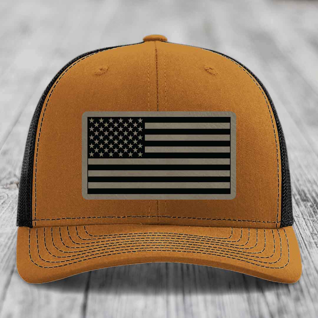 American Flag - Leather Patch Hat - Light Brown to Black Patch - Richardson 112 Snapback Trucker Hat
