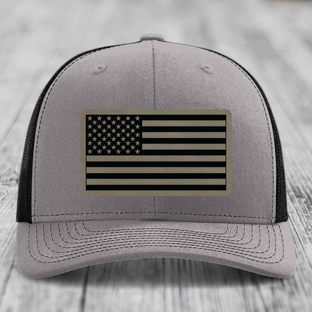 American Flag - Leather Patch Hat - Light Brown to Black Patch - Richardson 112 Snapback Trucker Hat