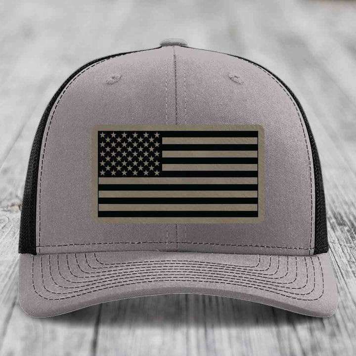 American Flag - Leather Patch Hat - Light Brown to Black Patch - Richardson 112 Snapback Trucker Hat