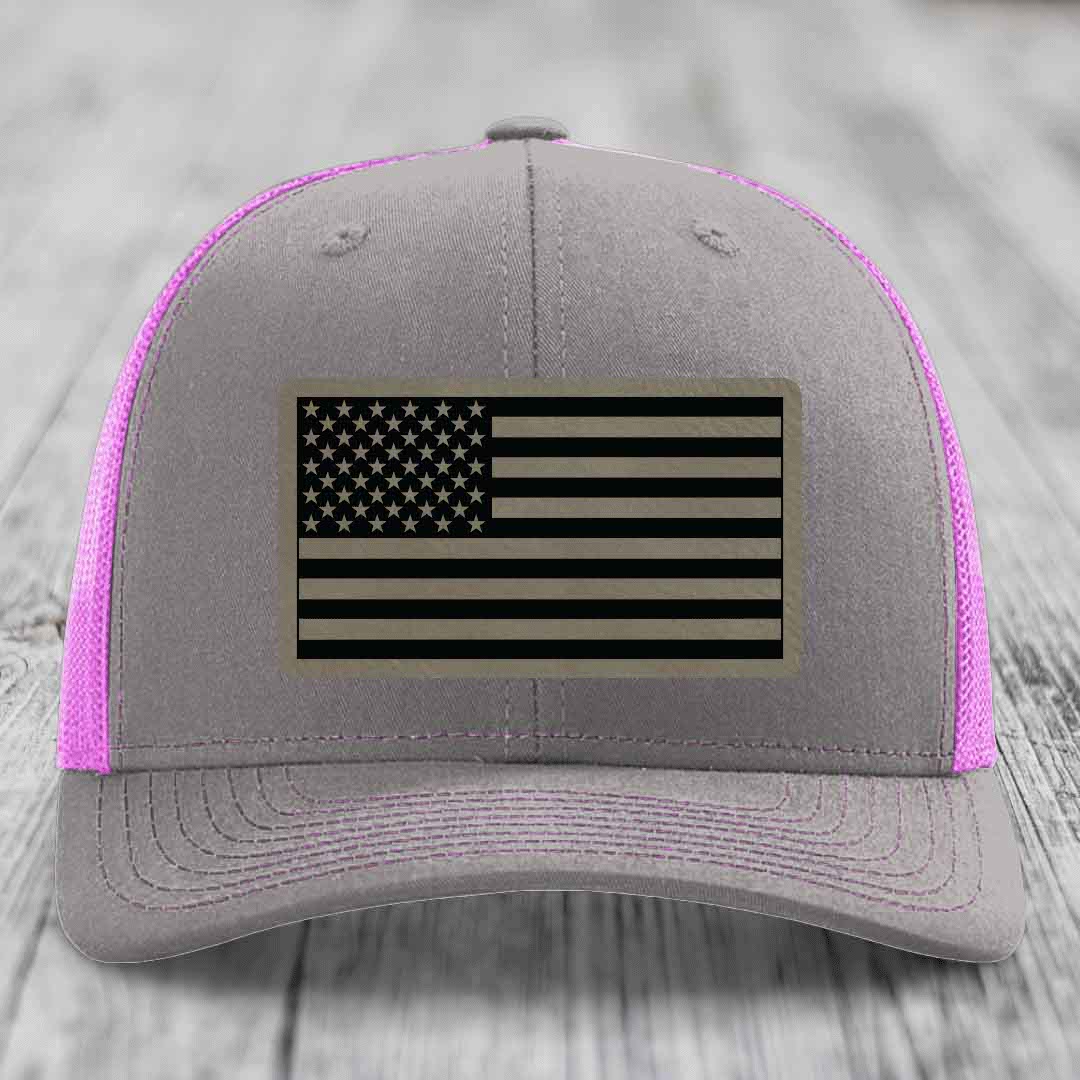American Flag - Leather Patch Hat - Light Brown to Black Patch - Richardson 112 Snapback Trucker Hat