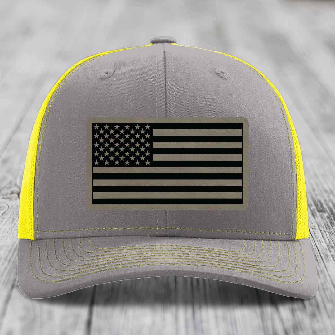 American Flag - Leather Patch Hat - Light Brown to Black Patch - Richardson 112 Snapback Trucker Hat