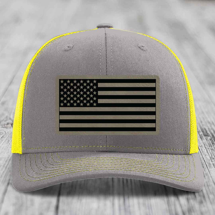 American Flag - Leather Patch Hat - Light Brown to Black Patch - Richardson 112 Snapback Trucker Hat