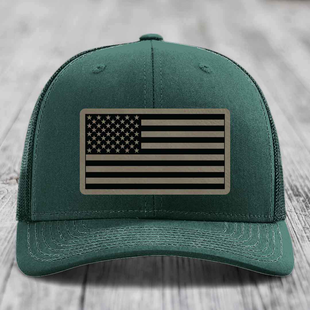 American Flag - Leather Patch Hat - Light Brown to Black Patch - Richardson 112 Snapback Trucker Hat