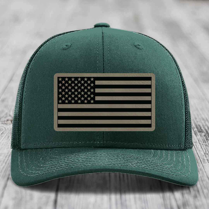 American Flag - Leather Patch Hat - Light Brown to Black Patch - Richardson 112 Snapback Trucker Hat