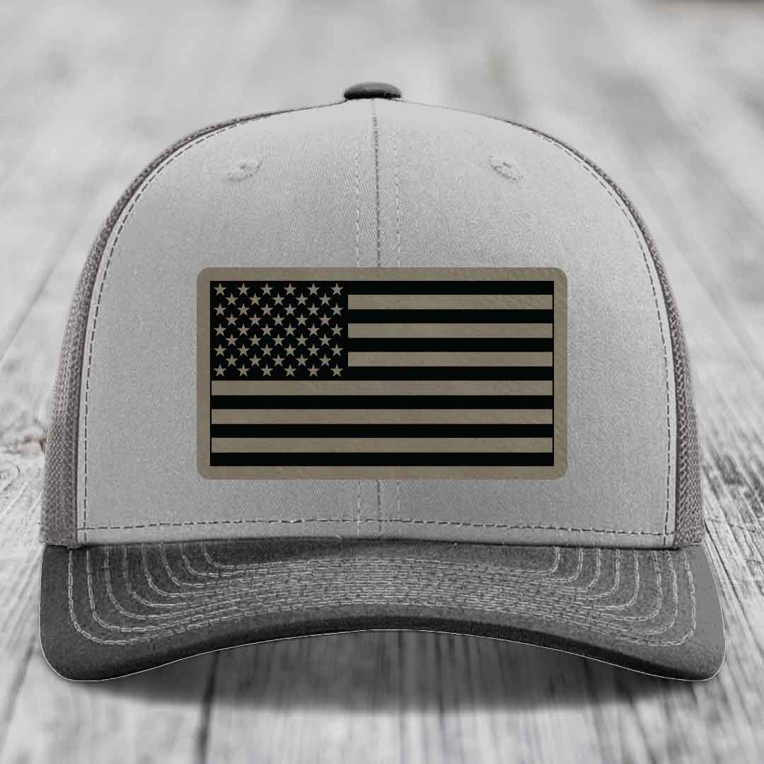 American Flag - Leather Patch Hat - Light Brown to Black Patch - Richardson 112 Snapback Trucker Hat