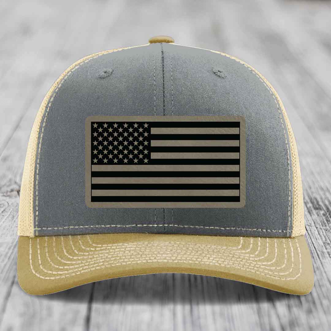 American Flag - Leather Patch Hat - Light Brown to Black Patch - Richardson 112 Snapback Trucker Hat