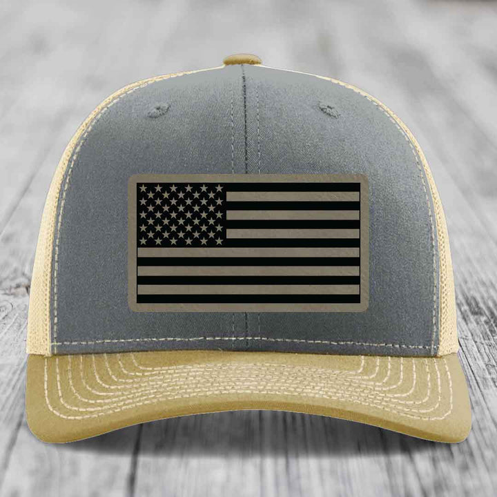 American Flag - Leather Patch Hat - Light Brown to Black Patch - Richardson 112 Snapback Trucker Hat