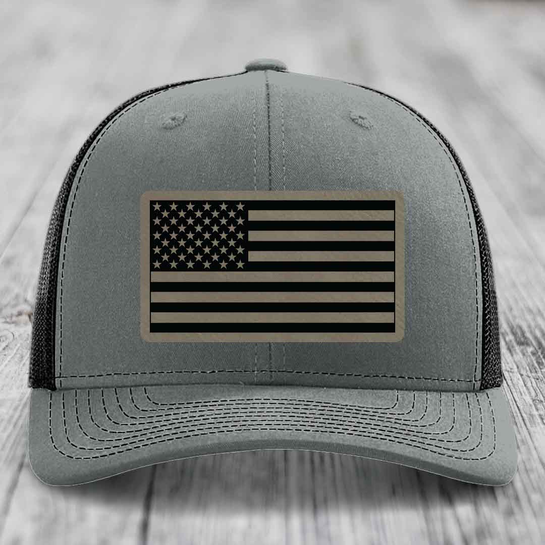 American Flag - Leather Patch Hat - Light Brown to Black Patch - Richardson 112 Snapback Trucker Hat