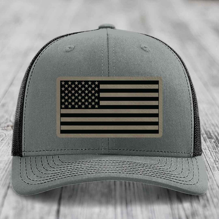 American Flag - Leather Patch Hat - Light Brown to Black Patch - Richardson 112 Snapback Trucker Hat