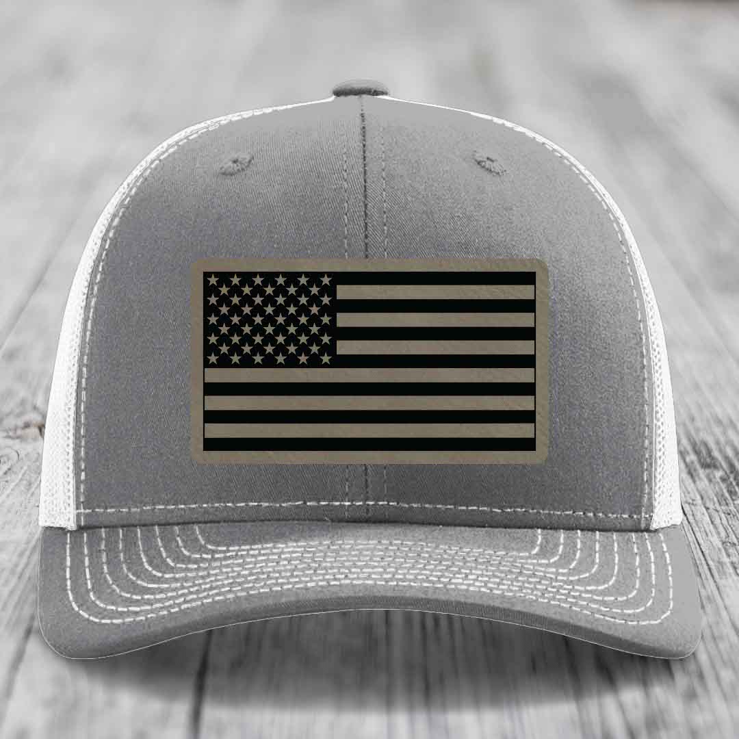 American Flag - Leather Patch Hat - Light Brown to Black Patch - Richardson 112 Snapback Trucker Hat
