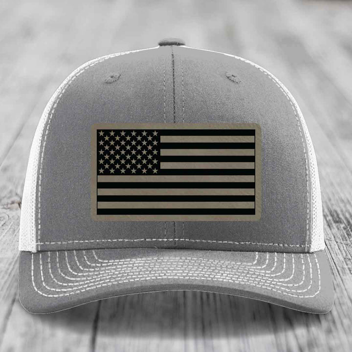 American Flag - Leather Patch Hat - Light Brown to Black Patch - Richardson 112 Snapback Trucker Hat
