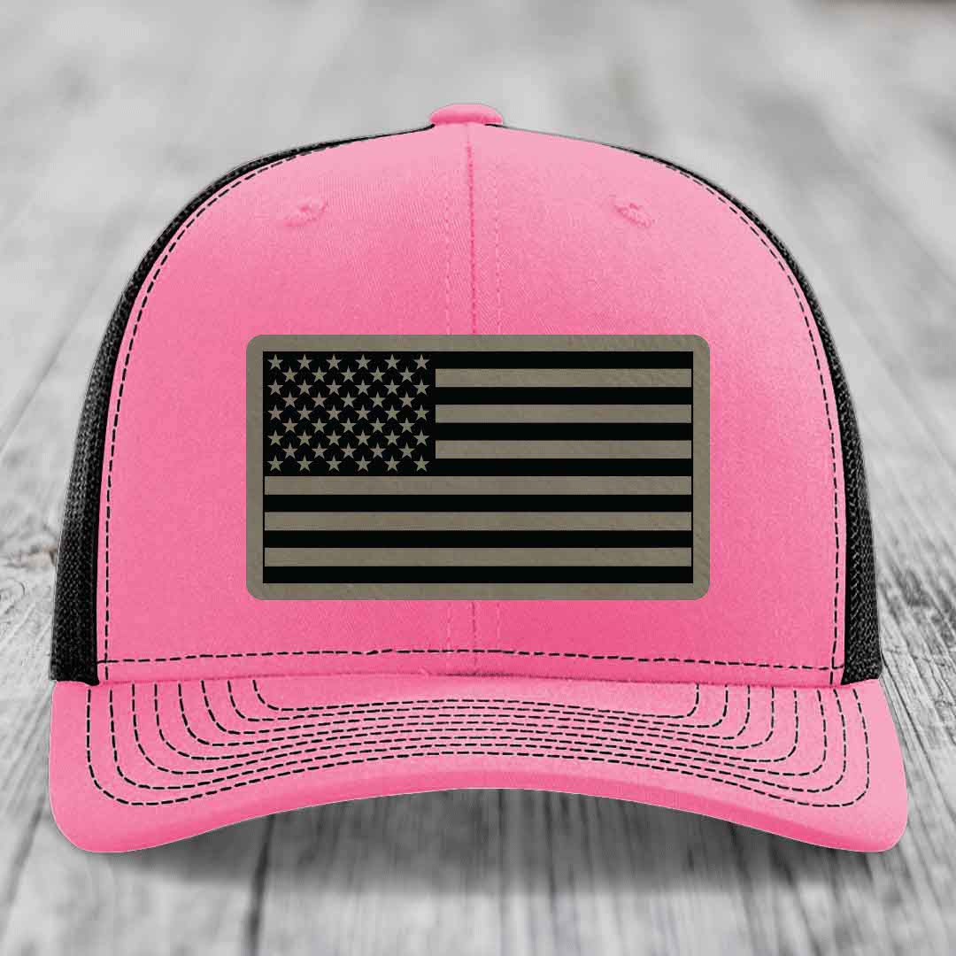 American Flag - Leather Patch Hat - Light Brown to Black Patch - Richardson 112 Snapback Trucker Hat