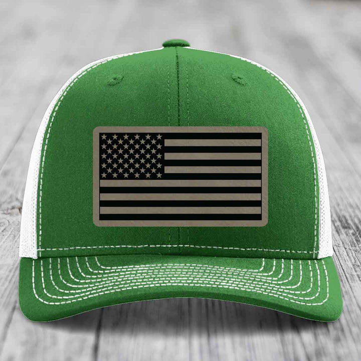 American Flag - Leather Patch Hat - Light Brown to Black Patch - Richardson 112 Snapback Trucker Hat
