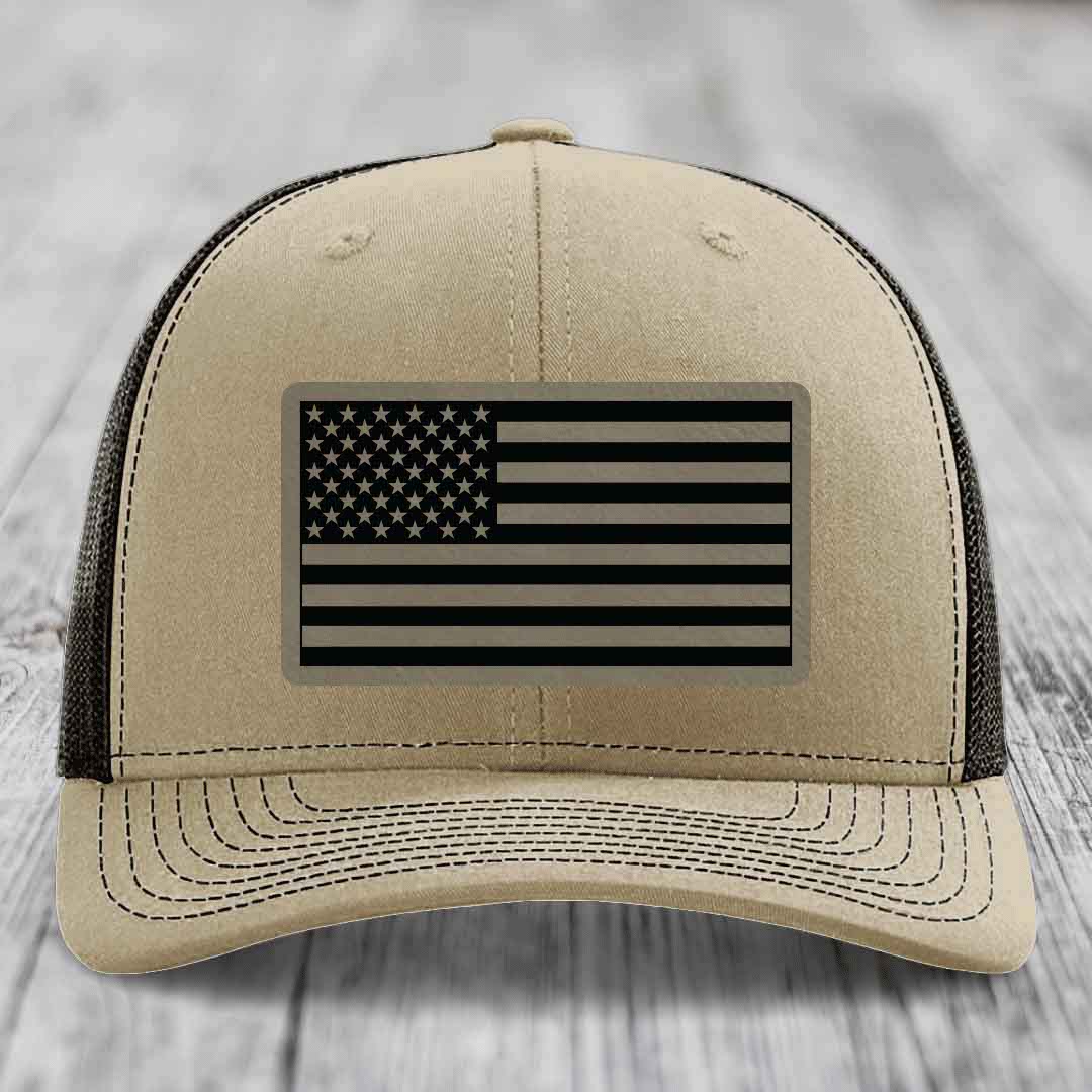 American Flag - Leather Patch Hat - Light Brown to Black Patch - Richardson 112 Snapback Trucker Hat