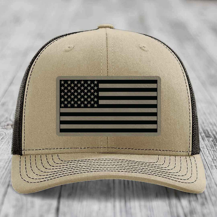 American Flag - Leather Patch Hat - Light Brown to Black Patch - Richardson 112 Snapback Trucker Hat