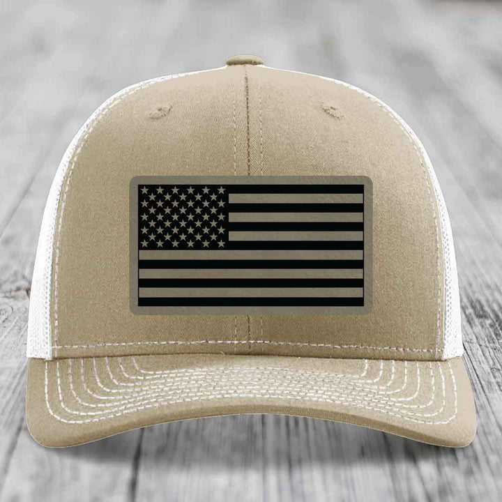 American Flag - Leather Patch Hat - Light Brown to Black Patch - Richardson 112 Snapback Trucker Hat