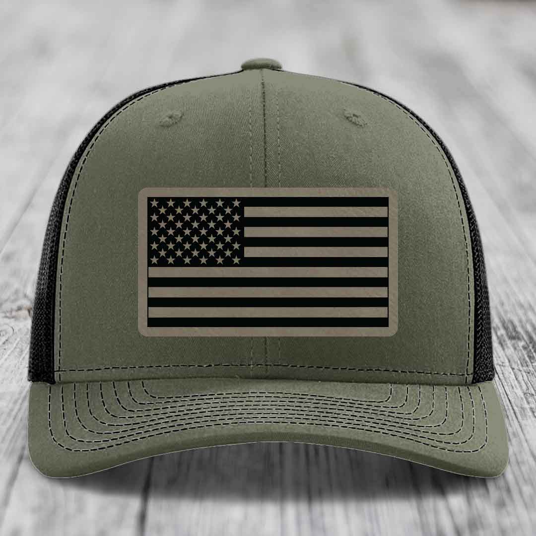 American Flag - Leather Patch Hat - Light Brown to Black Patch - Richardson 112 Snapback Trucker Hat