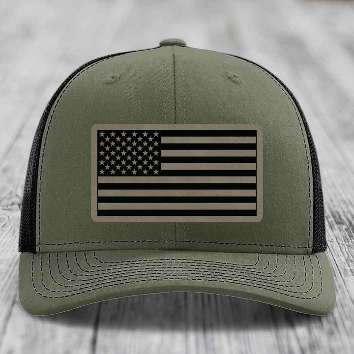 American Flag - Leather Patch Hat - Light Brown to Black Patch - Richardson 112 Snapback Trucker Hat