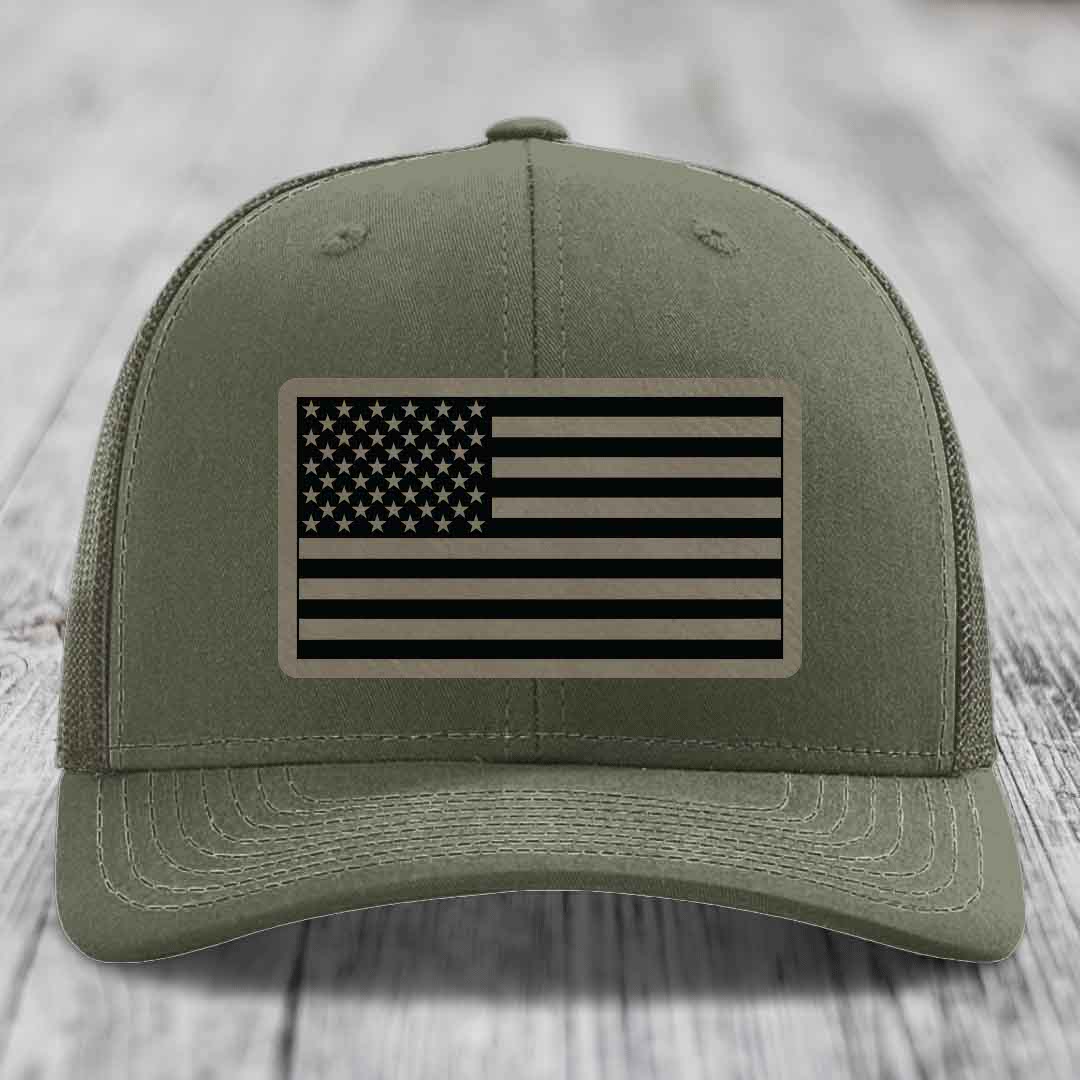 American Flag - Leather Patch Hat - Light Brown to Black Patch - Richardson 112 Snapback Trucker Hat