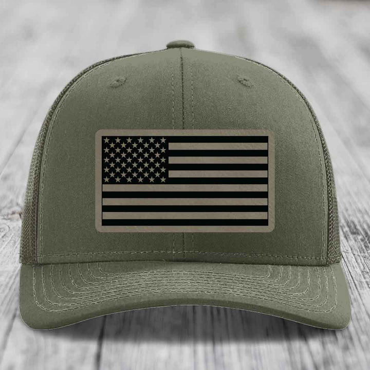 American Flag - Leather Patch Hat - Light Brown to Black Patch - Richardson 112 Snapback Trucker Hat