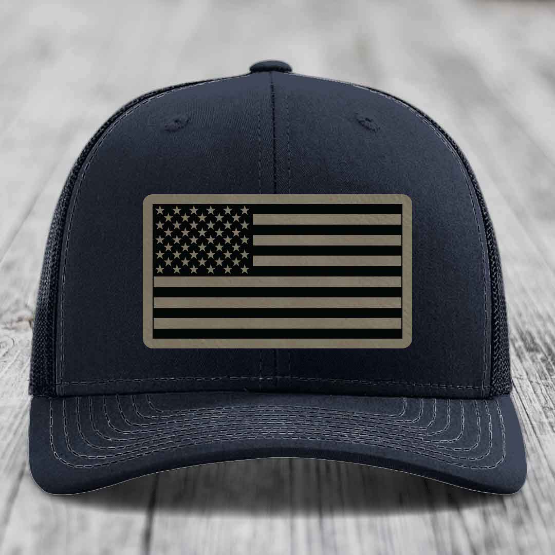 American Flag - Leather Patch Hat - Light Brown to Black Patch - Richardson 112 Snapback Trucker Hat