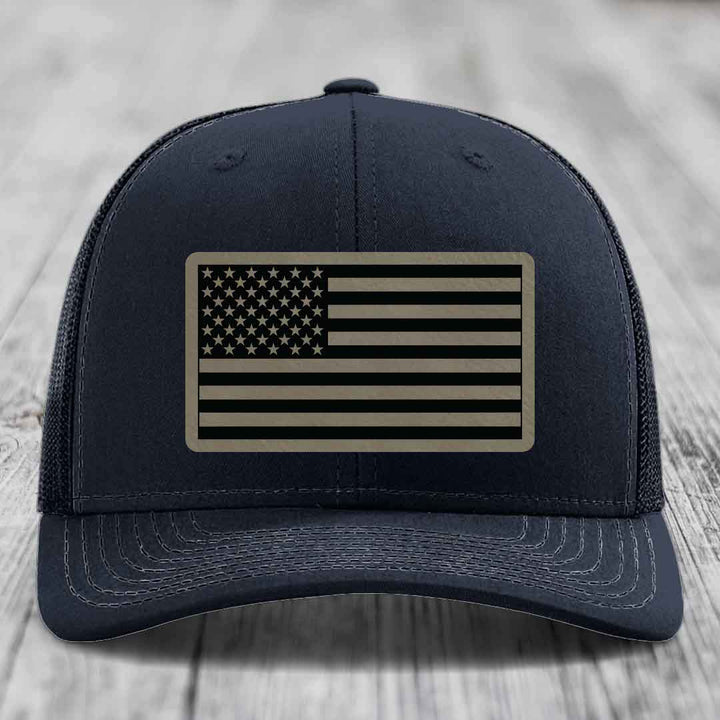 American Flag - Leather Patch Hat - Light Brown to Black Patch - Richardson 112 Snapback Trucker Hat