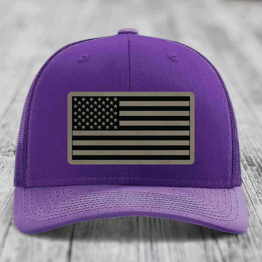American Flag - Leather Patch Hat - Light Brown to Black Patch - Richardson 112 Snapback Trucker Hat